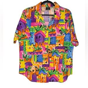 VTG Toucan Dance Fast Lane Hawaiian Shirt Women Large Tropical Colorful Nylon 90